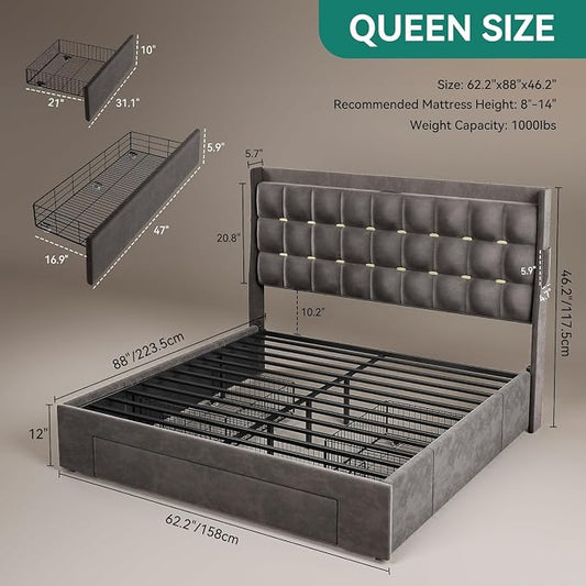 YITAHOME Queen Size Bed Frame with 3 Storage Drawers and RGB LED Lights, Velvet Upholstered Bed with Charging Station and Storage Headboard, No Box Spring Needed, Easy Assembly, Noise-Free, Grey
