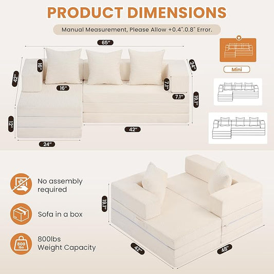 65" Boneless Couch,Convertible Sleeper Sofa Bed, Modular Sectional Sofa, Modern Tri-Folding Cloud Couch with L-Shape Chaise, Corduroy Futon Couches for Small Spaces Apartment,No Assembly