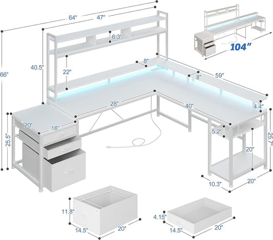 EnHomee 104''L Shaped Desk with 4 Layouts,Outlet for Two Person Home Office | 4 Layout Sizes 64''–104'', Multi-Room Compatibility, 4 AC+2 USB Outlet, Multi-Monitor Stand, Simultaneous Work and Charging