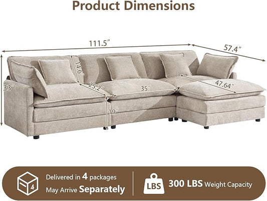 111.5" Modular Sectional Sofa, Large L Shaped Sectionals Cloud Couch, Big Comfy 3-Seat Couch with Ottoman, 4 Seater Chenille Sectional Sofa with Deep Seat and 5 Pillows for Living Room- Camel