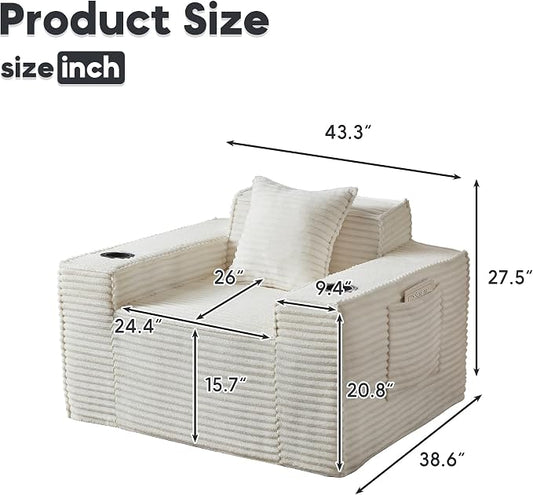 Boneless Sofa Couch with Cup Holders & Side Pockets, Modern Corduroy Fabric Deep Seat Single Cloud Couch for Reading Living Room Office, No Assembly (White)