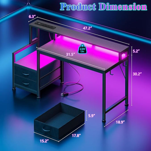 Furologee 47" Gaming Desk with LED Lights & USB-C Port, Reversible Computer Desk with Monitor Stand, Storage Shelves & 2 Fabric Drawers, Gaming Table with Power Outlets & Hooks, Carbon Fiber Black