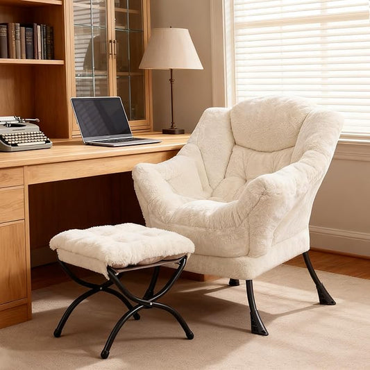 Lazy Chair with Ottoman, Modern Accent Chair Sofa Chair with Armrests, Reading Chair and Folding Footstool for Living Room, Bedroom, Office, Plush Beige