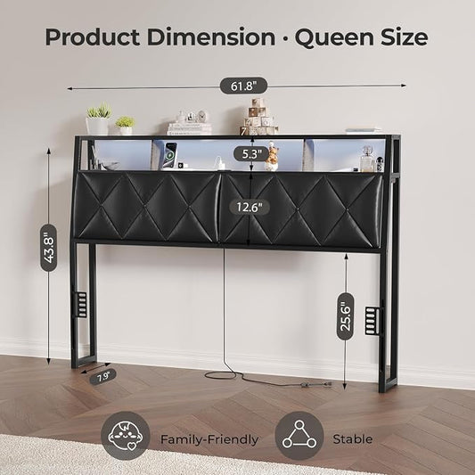 Queen Headboard Only, Headboard for Queen Size Bed with Storage, Upholstered Headboards with LED Lights & Charging Station, Attach Frame, Ideal for Bedroom/Dorm/Guest Room, Black, Faux Leather