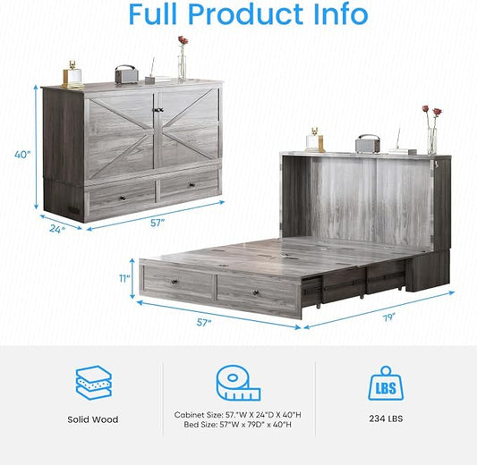 PUREMIND Full Murphy Bed Cabinet with Storage Drawers, Bedroom Cabinet Beds with USB Charging Station, Murphy Chest Bed with Storage Drawers, Horizontal Wallbed for Guest Room