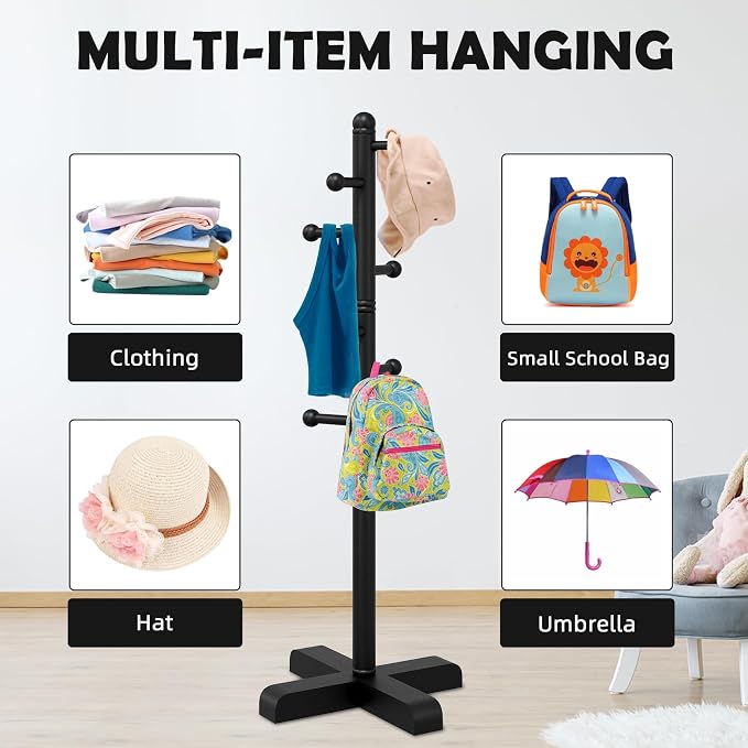 Coat Rack, Freestanding Coat Racks with 8 Hooks 2 Adjustable Height, Tree Coat Rack for Bedroom, Hallway, Entrance, Office, Hats, Handbags,Purse (BLACK)
