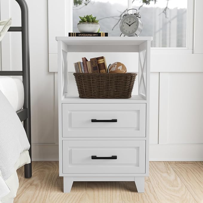 May in Color Nightstand, 30" Tall Bedside Table, Farmhouse Side Table with Storage Drawers and Open Shelf, Wooden Rustic End Table Cabinet for Bedroom, Home Office, White