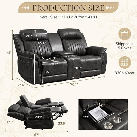 Power Loveseat Recliner Sofa with Zero Gravity, Adjustable Headrest, Power Reclining Loveseat with Console, Dual Ports, Electric Reclining Couch for Living Room (Charcoal, Loveseat)