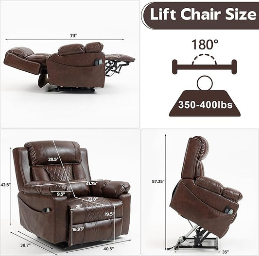 FUNECORP Big Man Power Lay Flat Lift Chair Oversized Recliner Dual Motor Heat Vibration for Elderly, Overstuffed Electric 28" Extra Wide Recliners with Flip Arm Storage Cup Holders,USB Type C Charging