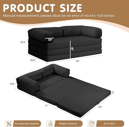 Convertible Sofa Bed Full,5-in-1 Tri-Fold Boneless Couch with Removable Armrests & Handle,Corduroy Futon Sleeper Sofa,Floor Folding Mattress Pull Out Bed for Small Space Apartment Bedroom Black