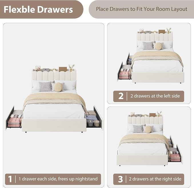 Garvee LED Full Size Bed Frame with Storage Headboard, Kids Bed Frame with 2 Drawers, Boucle Upholstered Platform Bed for Girls, Chic Wavy Headboard with Bookcase, No Box Spring Needed, White