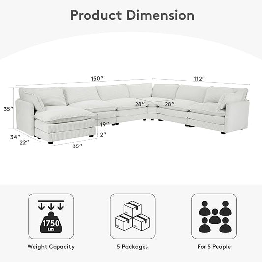 ROWHY 150'' Modular Sectional Corner Cloud Couch, 7 Seater Sofa Big Comfy Corduroy V Shaped Couch with 4 Throw Pillows, Movable Ottoman, Couches for Living Room Office Light Grey