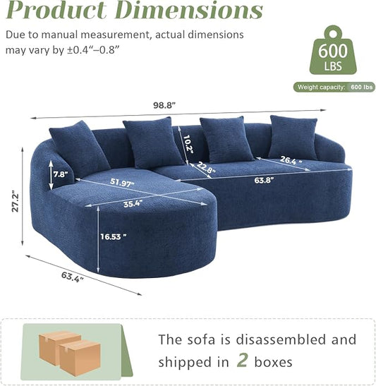 99" Curved Sofa with L-Shape Chaise,Modern Cloud Curved Couch with Deep Seat,No Assembly Required,Upholstered Oversized Couches for Living Room,Apartment (Blue, 99Inch)
