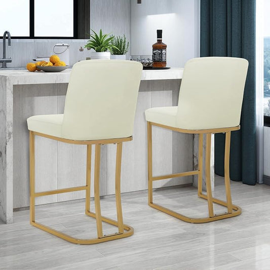 Athena Collection Counter Height Bar Stools Set of 2, 23.5 Inches Leather Upholstered Barstool Set of 2 with Back and Metal Legs, Modern Bar Stool Chairs for Kitchen Island, Dining Room, White