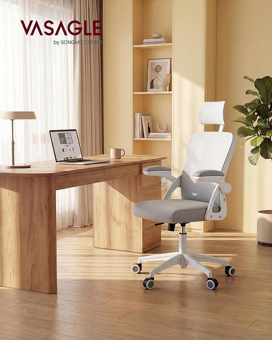 VASAGLE Ergonomic Mesh Office Chairs with Adjustable Lumbar Support and Headrest, 90-105° Tilt Function, Wide Seat, Flip‑Up Armrests, Computer Desk Chairs for Home Office, Set of 2, Dove Gray
