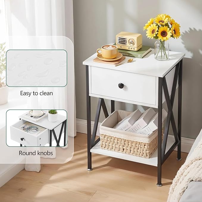 VECELO Nightstands Set of 2, Modern Bedside End Tables, Night Stands with Drawer and Storage Shelf for Living Room Bedroom, Industrial Metal Frame