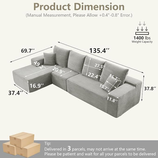 135" Cloud Sectional Couch with L-Shape Chaise, Upholstered Corduroy Couches Sleeper Chaise Longue, Modern Modular Comfy Deep Seat Sofa for Living Room Bedroom, No Assembly Required, Grey
