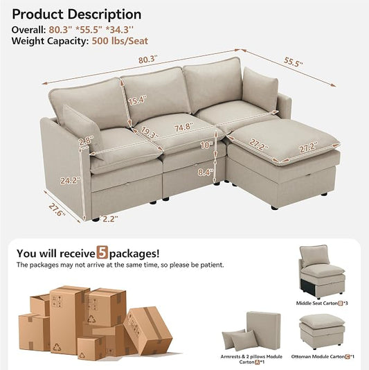80" Beige Faux Leather Storage 3 Seater Sofa with Ottoman, Comfy Couch | Convertible Modular Sectional Sofa, L Shaped Oversized Couch, Upholstered Large Cloud Couch For Living Room, Apartment.