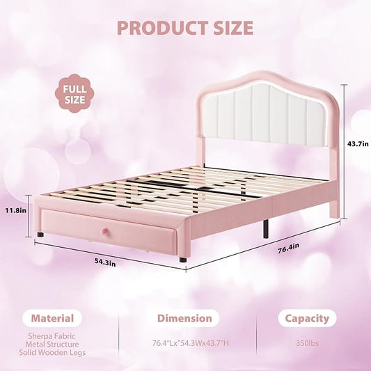 Full Upholstered Bed Frame With Storage Drawer and Smart Led Headboard, Princess Full Size Platform Bed Frames for Kids/Girls, Wooden Slats Support, No Box Spring Needed, Easy Assembly, Pink