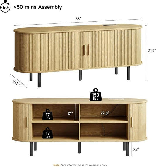 ONBRILL 63" TV Stand with Power Outlet for TVs up to 70 Inch, Entertainment Center with Storage and Adjustable Shelves, Modern Media Console with Sliding Doors for Living Room, Oak