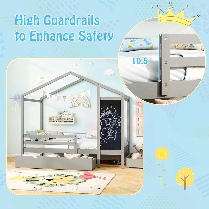 Giantex Twin Bed with 2 Storage Drawers, Solid Wood House Bed with Blackboard & Safety Guardrails, Twin House Bed w/Slats Support, No Box Spring Needed, Twin Bed Frames for Kids Girls Boys (Grey)