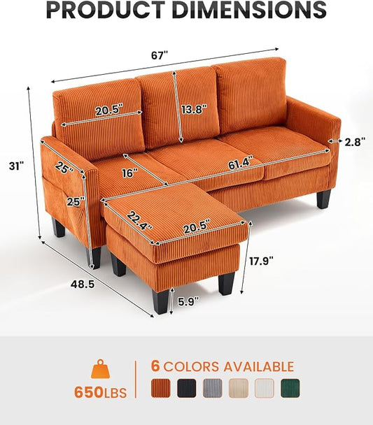 Karl home 67" Small Sectional Couch L Shaped Sofa, Orange | Movable Storage Ottoman, Corduroy Upholstered, Sofa Chaise, Side Pockets 5.9" Sofa Legs for Living Room, Apartment, Studio