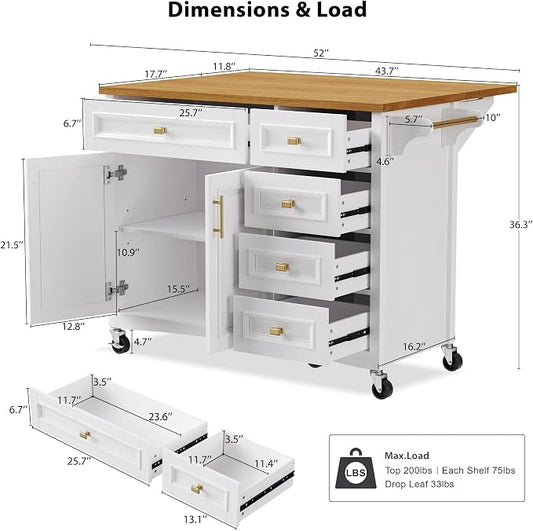 Large Kitchen Island with Rubber Wood Drop Leaf, Rolling Kitchen Cart with Ample Storage on Wheels with Doors and Drawers, Embossed Texture for Dining Room (52Inch, White, Golden Handle)