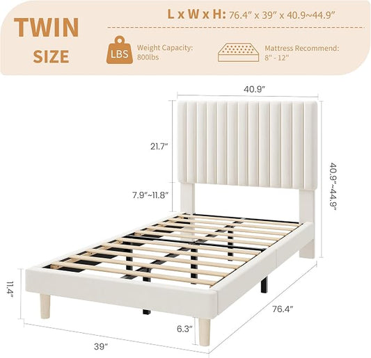 IDEALHOUSE Twin Bed Frame with Adjustable Headboard, Velvet Upholstered Platform Twin Size Bed Frame, Vertical Channel Tufted, Strong Wooden Slats, No Box Spring Needed, Easy Assembly, Beige