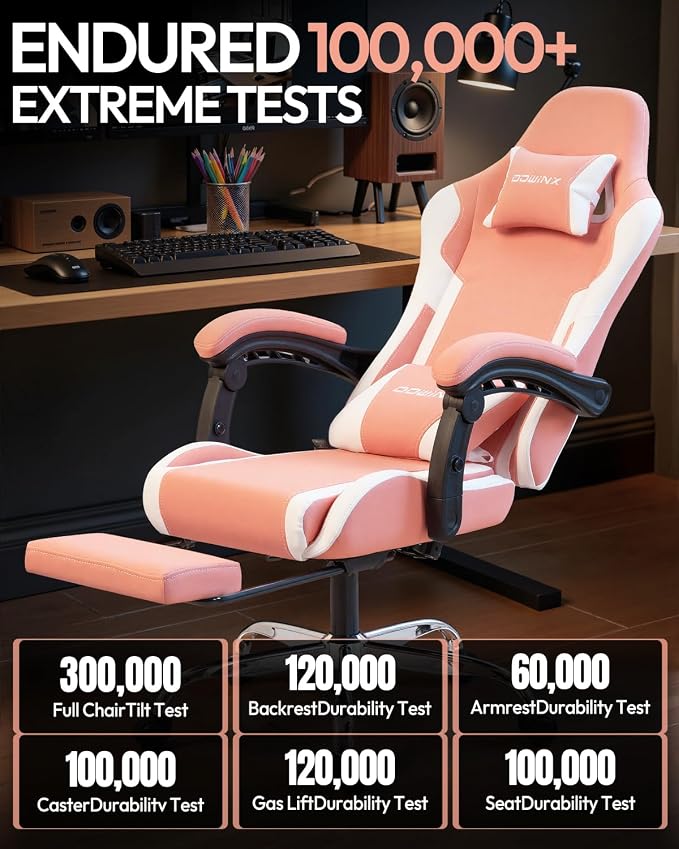 Dowinx Ergonomic Pink Gaming Chair with Footrest & Massage Lumbar, 2D-Linkage Armrests for Cute Aesthetic Esports Chair for Girls, Office, Home and Long Gaming Sessions, Pink