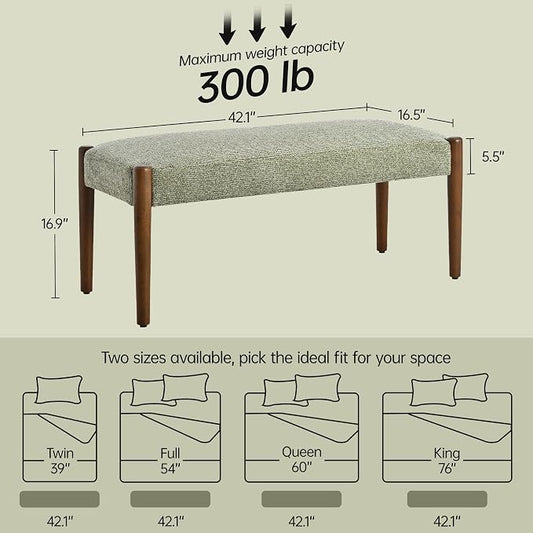 Usaint 42" End of Bed Bench, Modern Upholstered Bedroom Bench with Rubberwood Legs, Entryway Bench with Cushion, Dining Bench for Living Room, Bedroom, Green with Walnut Leg