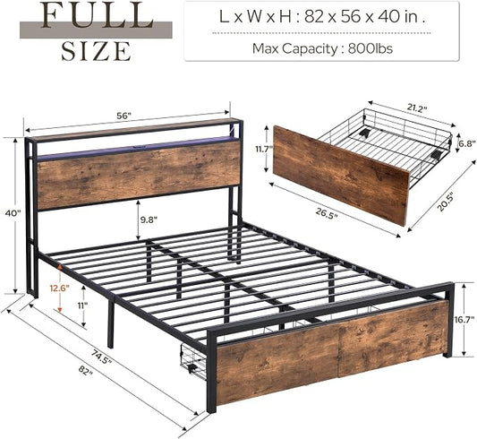Zevemomo Full Bed Frame with Storage Drawers, Bed Frame Full Size with Headboard, LED Light, Charging Station with 3 USB Ports & 1 Type-C Port, Noiseless, Rustic Brown