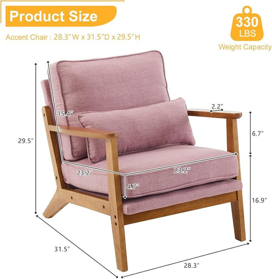 Karl home Mid-Century Lounge Accent Chair, Pink | Wide Curved Armrest, Linen Fabric, Lumbar Pillow Included, Solid Wood Frame, For Living Room, Bedroom, Balcony, Apartment