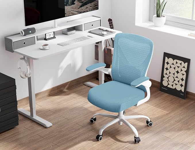 Office Chair Ergonomic Desk Chair Comfy: 330LBS Mesh Computer Chair Ergonomic Gaming Chairs with Wheels Adjustable Lumbar Support and Flip up Armrest-Swivel Executive Chairs Long Hours(Sky Blue)