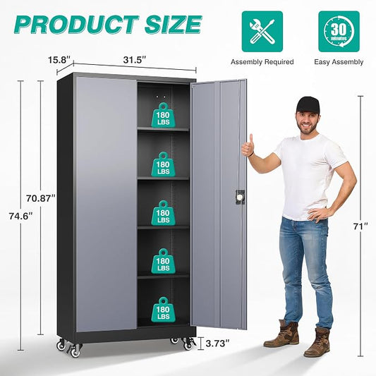 SISESOL 75" Tall Metal Storage Cabinet with Wheels,Rolling Garage Storage Cabinet with Lock,Gray Metal Cabinets with Wheels and Shelves,Tall Tool Cabinets on Wheel for Garage,Home,Office,Shop