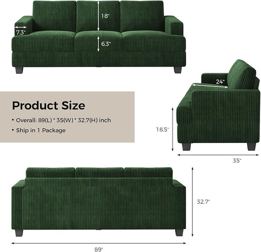 COPIAE 89 Inch Sofa with Extra Deep Seats Oversize, 3 Seater Sofa for Living Room, Modern Couch and Sofa, Comfy Armrests and Seats and Backrests, Easy Installation,Wide Corduroy Fabric Dark Green