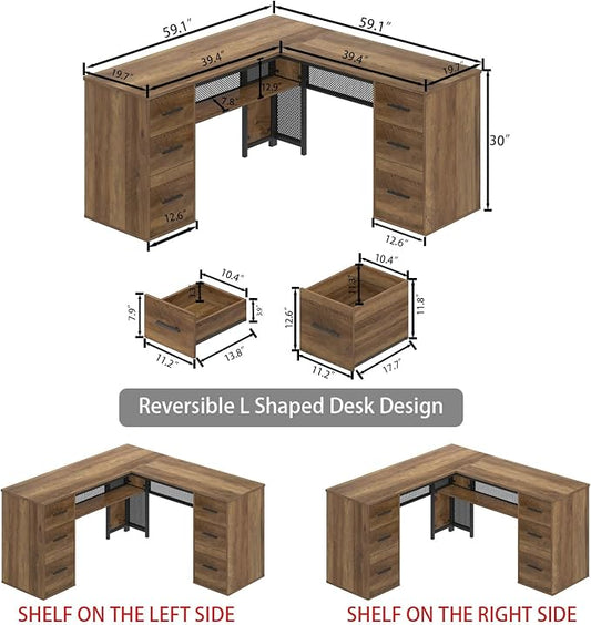 HSH Large L Shaped Home Office Desk with Drawers, Rustic L-shaped Computer Desk with Storage File Cabinet Shelves, Corner Reversible Metal Wood Executive Work Study Writing Table, 59 Inch Bedroom Desk