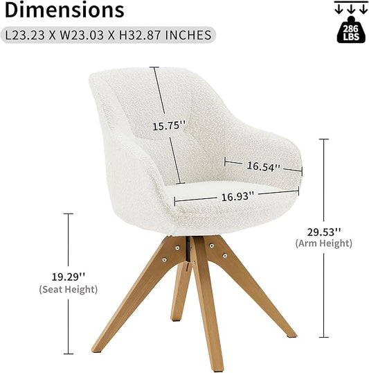 Art Leon Swivel Accent Chair - Mid Century Modern Desk Chair No Wheels, Boucle Fabric Upholstered Armchair with Natural Oak Wood Lges, White