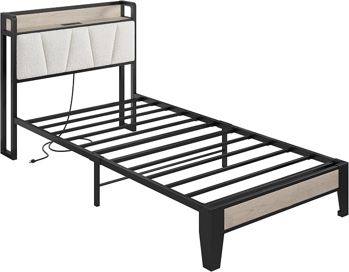 LIKIMIO Twin XL Bed Frames, Bouclé Storage Headboard with Charging Station, Solid and Stable, Noise Free, No Box Spring Needed, Easy Assembly