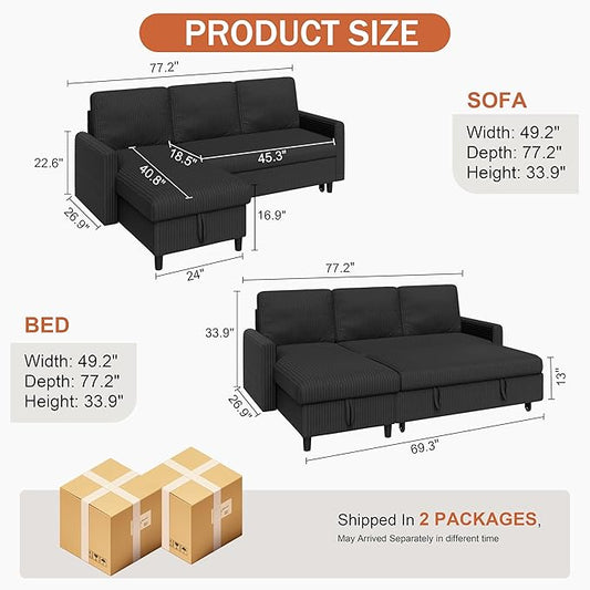 Vongrasig Convertible Sofa Bed with Storage for Small Space, Black Corduroy | Pull Out Couch with Storage , 77" L-Shaped Sleeper Sofa Bed with Storage Chaise Corduroy Fabric for Living Room, Apartment