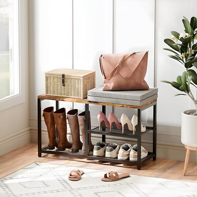 Shoe Rack for Entryway, Freestanding Hidden Shoe Storage Organizer, Boot Shoe Bench Shelves for High Heels with Seat cushion, Narrow Wood Shoe Rack for Entrance Closet, Hallway, 3 Tier (Gray+Black)