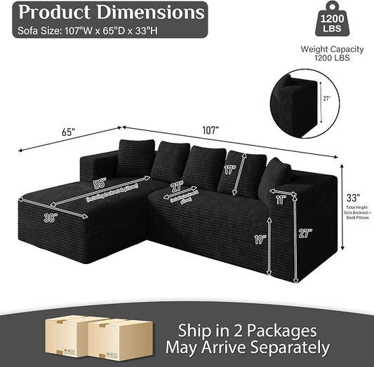 Oversized L Shaped Boneless Sectional Couches for Living Room, 107" Comfy Fluffy Cloud Modular Sectional Sofa, Plush Corduroy Memory Foam Floor Sofa with Left Facing Chaise Couch