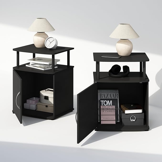 Furinno TIDUR Night Stand Set of 2, Nightstand with Open Shelf and Door Cabinet, Round Corner Bedside Table, End Table, Side Table, for Bedroom, Closet, Dorm, Black