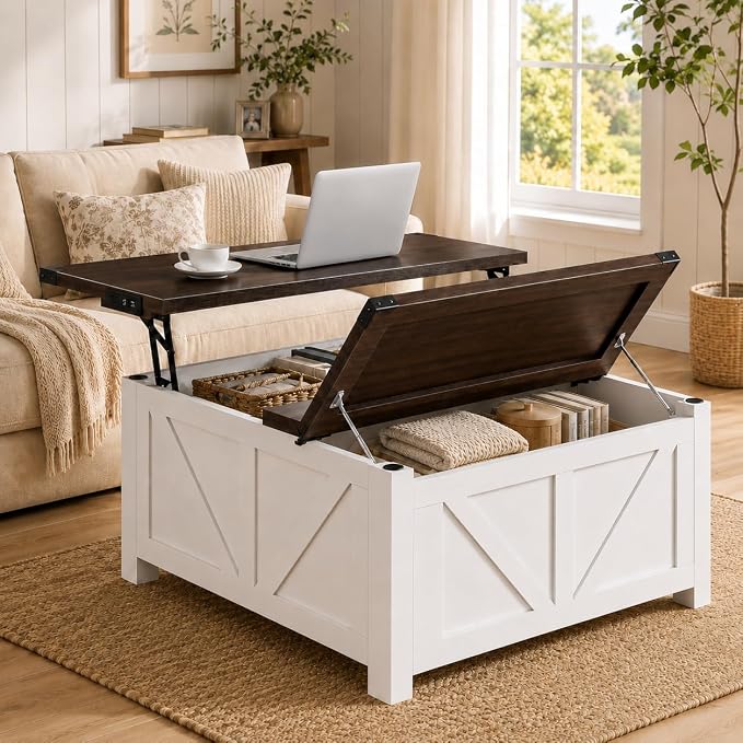 Simple Deluxe Lift Top Coffee Table with Storage, 35.5" Square Coffee Tables for Living Room, Farmhouse Coffee Table with Power Outlets, Coffee Tables with Lifting Top for Living Room (White)