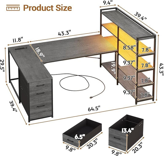 SEDETA Corner Computer Desk, Reversible U Shaped Office Desk with 3 Fabric Drawers and Power Outlet, Corner Gaming Desk with LED Lights, Storage Shelves, Grey
