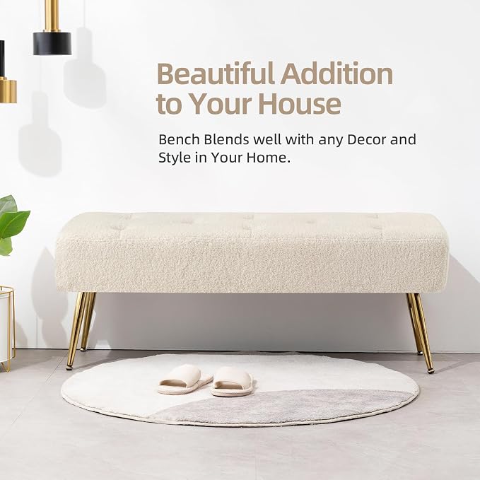 Furniliving 44 Inch Modern Ottoman Bench, Upholstered Faux Fur Fabric Entryway Benches with Gold Metal Frame for Living Room Vintage Indoor Benches End Bed Bench Footrest Ottoman (IvoryWhite)