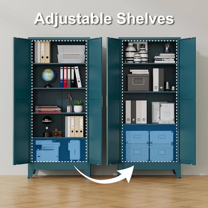 Tall Kitchen Pantry Storage Cabinet,Metal Blue Cabinets With Doors and Adjustable Shelves,Garage Storage Cabinets,Large Steel Shop Cabinet With Lock,Lockable Tool Cupboard For Living Room (Blue)