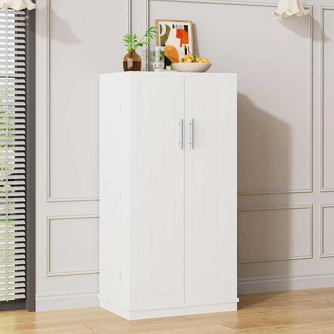 47in Kitchen Pantry Cabinet, Wood Kitchen Storage Pantry Cabinets Freestanding Pantries Cabinets with Doors & Adjustable Shelves, White