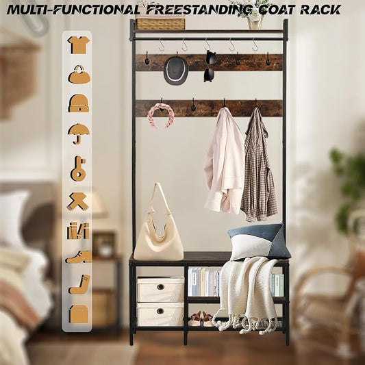 5-in-1 Coat Rack freestanding for Entryway, 71’’ Wooden Hall Tree Bench with Shoes Storage, Industrial Entrance Organizer with 14 Hooks for Hallway Living Room and Bedroom (Brown)