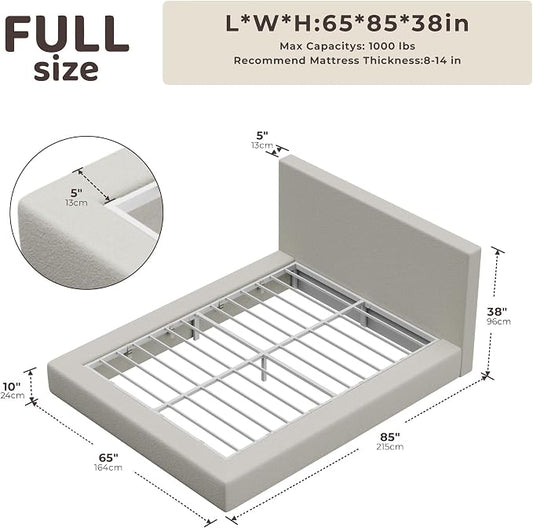 RECCI AirFrame Full Size Bed Frame with Headboard, Cloud Upholstered Platform Bed Frame, 5 Inch Foam Cushioned, No Box Spring, Easy Assembly(Cream Boucle)