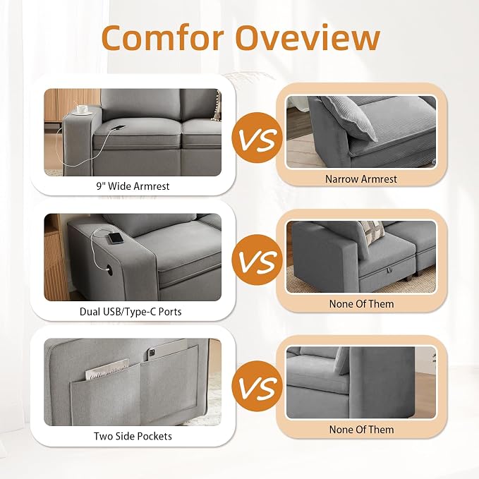 Waxberry 71" Chenille Loveseat Sofa Couch for Living Room with Seat Storage, Modern 2-Seater Deep Seat Sofa with Side Pockets & Type-C/USB Ports, Detachable Backrest for Office, Apartment (Grey)